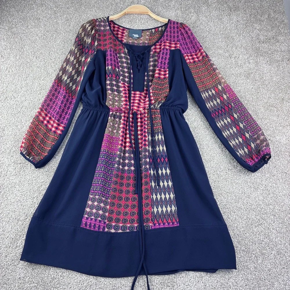 Maeve Anthropologie Size M Boho‎ Blue Lace Up Geometric Drawstring Waist Dress